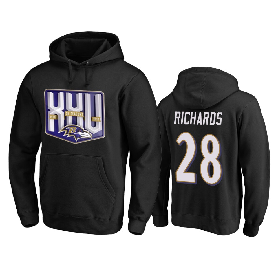 Baltimore Ravens #28 Jordan Richards Men's Black Team 25th Season Pullover Hoodie