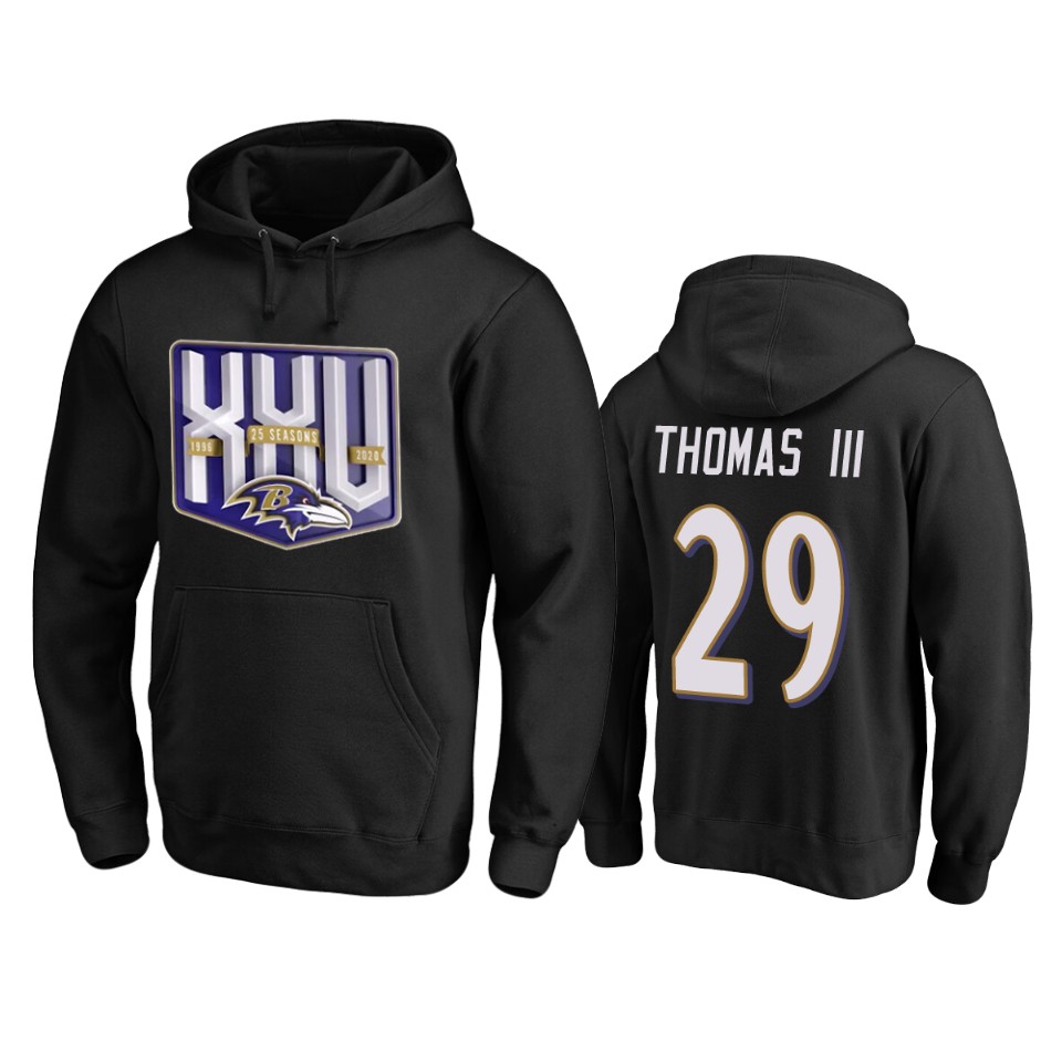 Baltimore Ravens #29 Earl Thomas III Men's Black Team 25th Season Pullover Hoodie