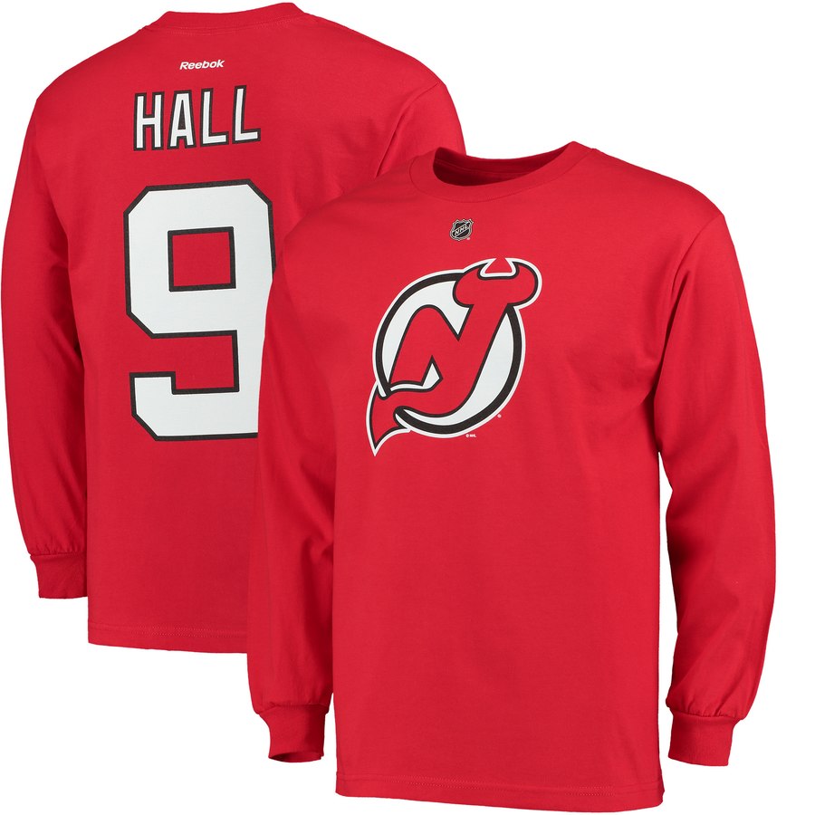 New Jersey Devils #9 Taylor Hall Reebok Name & Number Long Sleeve T-Shirt Red