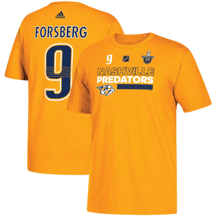 Nashville Predators #9 Filip Forsberg adidas 2018 Stanley Cup Playoffs Participant Name & Number T-Shirt Gold