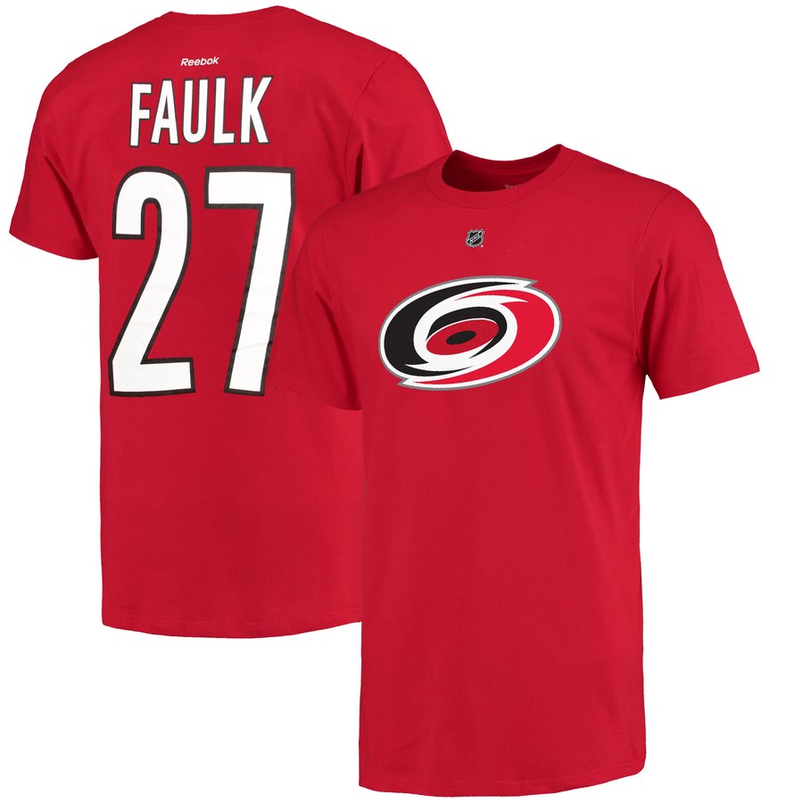 Carolina Hurricanes #27 Justin Faulk Reebok Name and Number T-Shirt Red