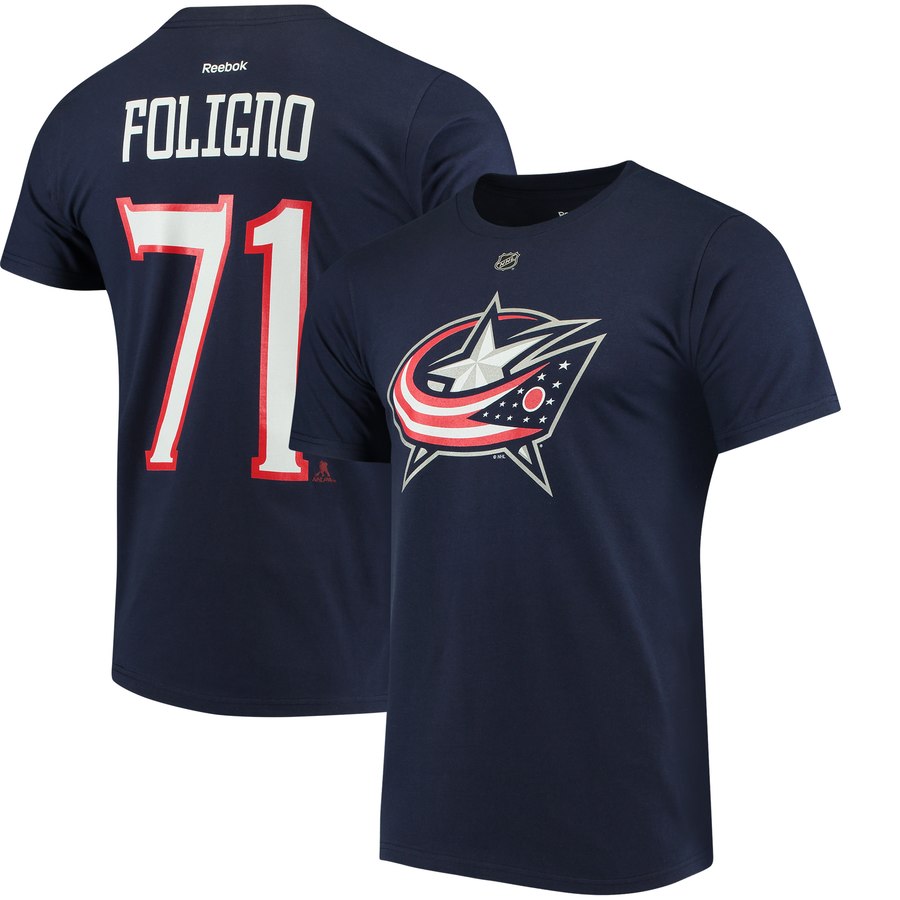 Columbus Blue Jackets #71 Nick Foligno Reebok Home Name & Number T-Shirt Navy