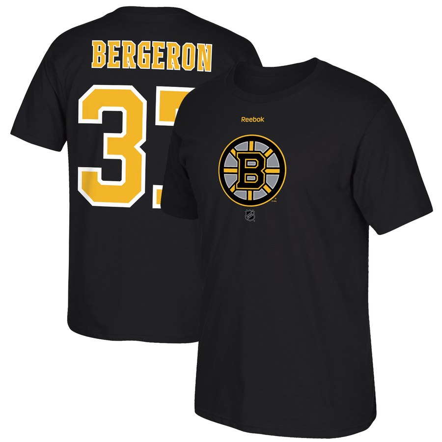 Boston Bruins #37 Patrice Bergeron Reebok Center Ice TNT Reflect Logo Name & Number T-Shirt Black