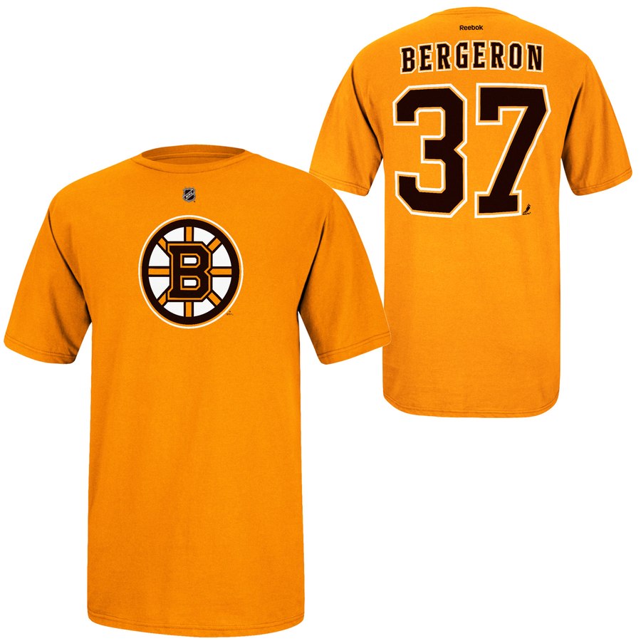 Boston Bruins #37 Patrice Bergeron Reebok Name and Number Player T-Shirt Gold