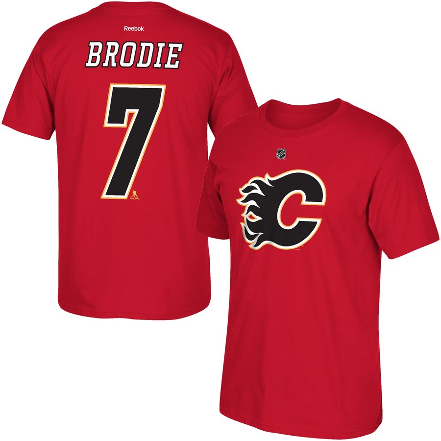 Calgary Flames #7 TJ Brodie Reebok Name and Number T-Shirt Red