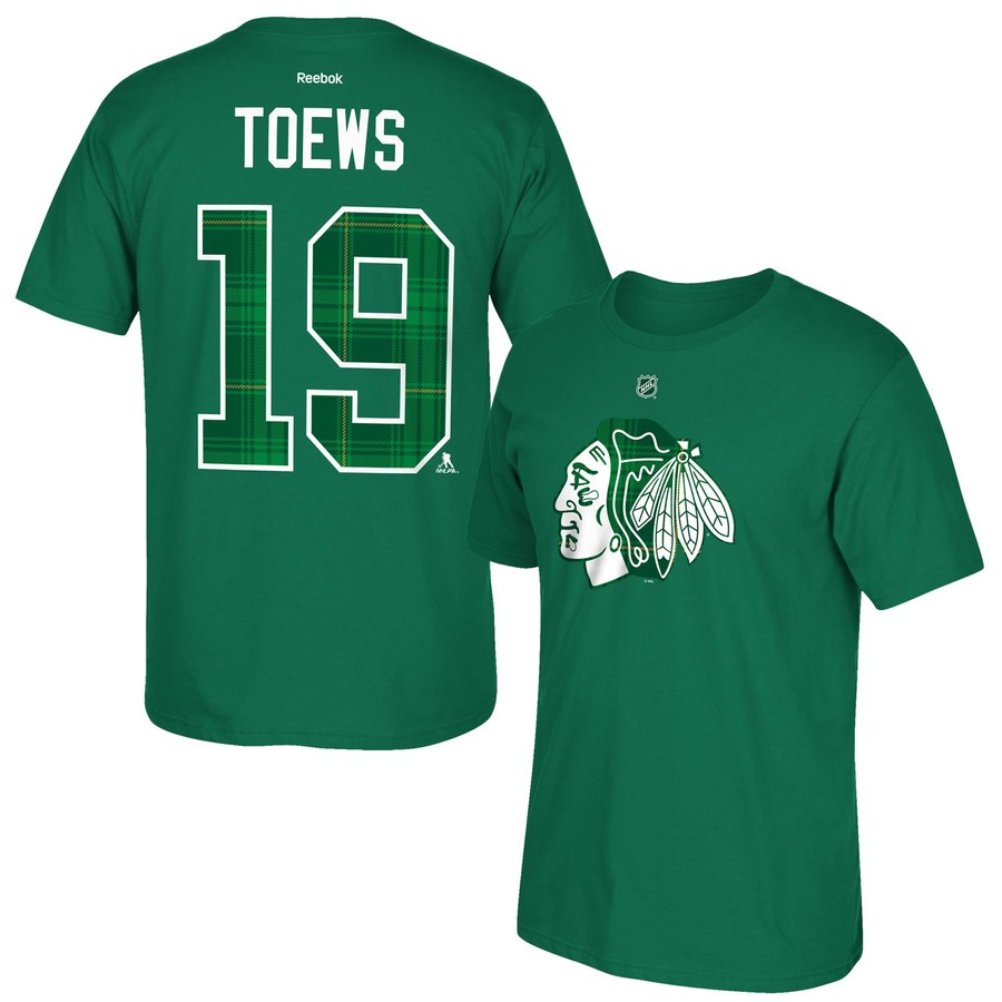 Chicago Blackhawks #19 Jonathan Toews Reebok St. Paddy's Name & Number T-Shirt Green