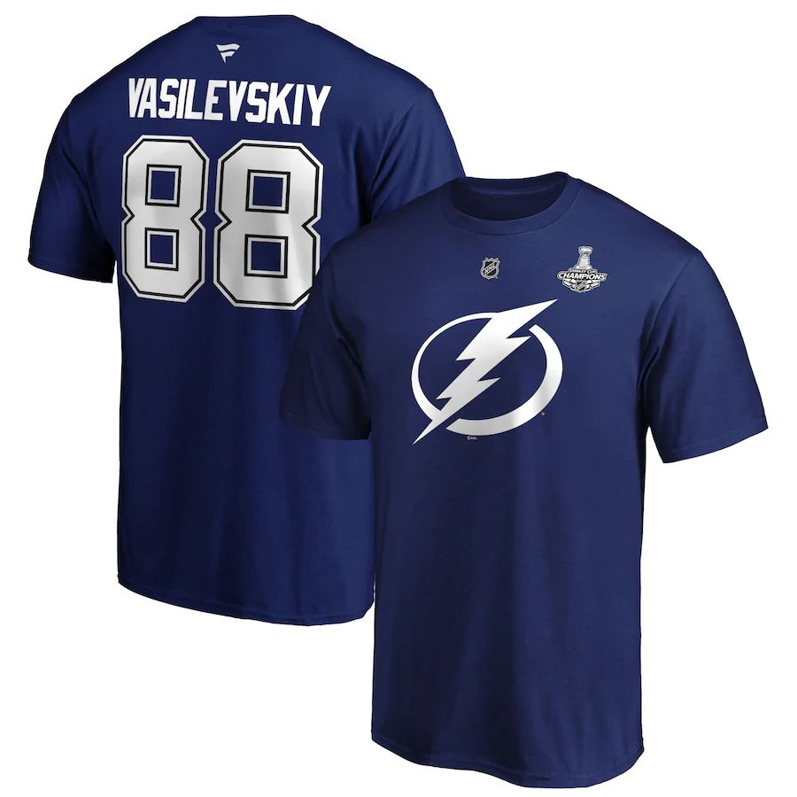 Tampa Bay Lightning #88 Andrei Vasilevskiy 2020 Stanley Cup Champions Name & Number T-Shirt Blue