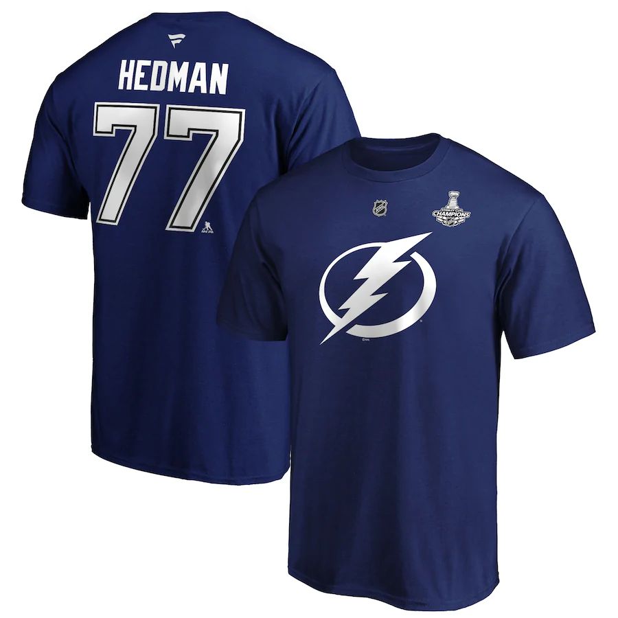 Tampa Bay Lightning #77 Victor Hedman 2020 Stanley Cup Champions Name & Number T-Shirt Blue