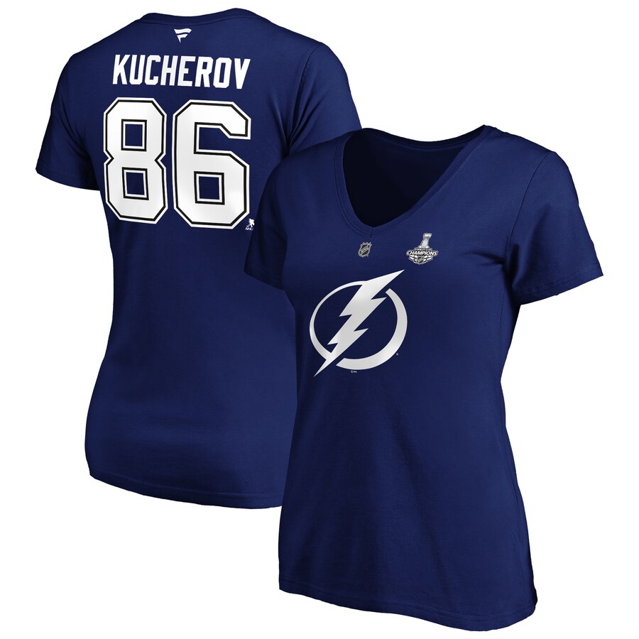 Tampa Bay Lightning #86 Nikita Kucherov Women's 2020 Stanley Cup Champions Player Name & Number V-Neck T-Shirt Blue