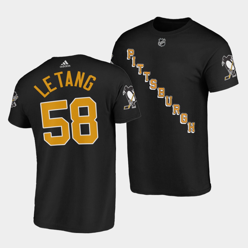 Adidas Penguins #58 Kris Letang Black Alternate Throwback 90s NHL T-Shirt