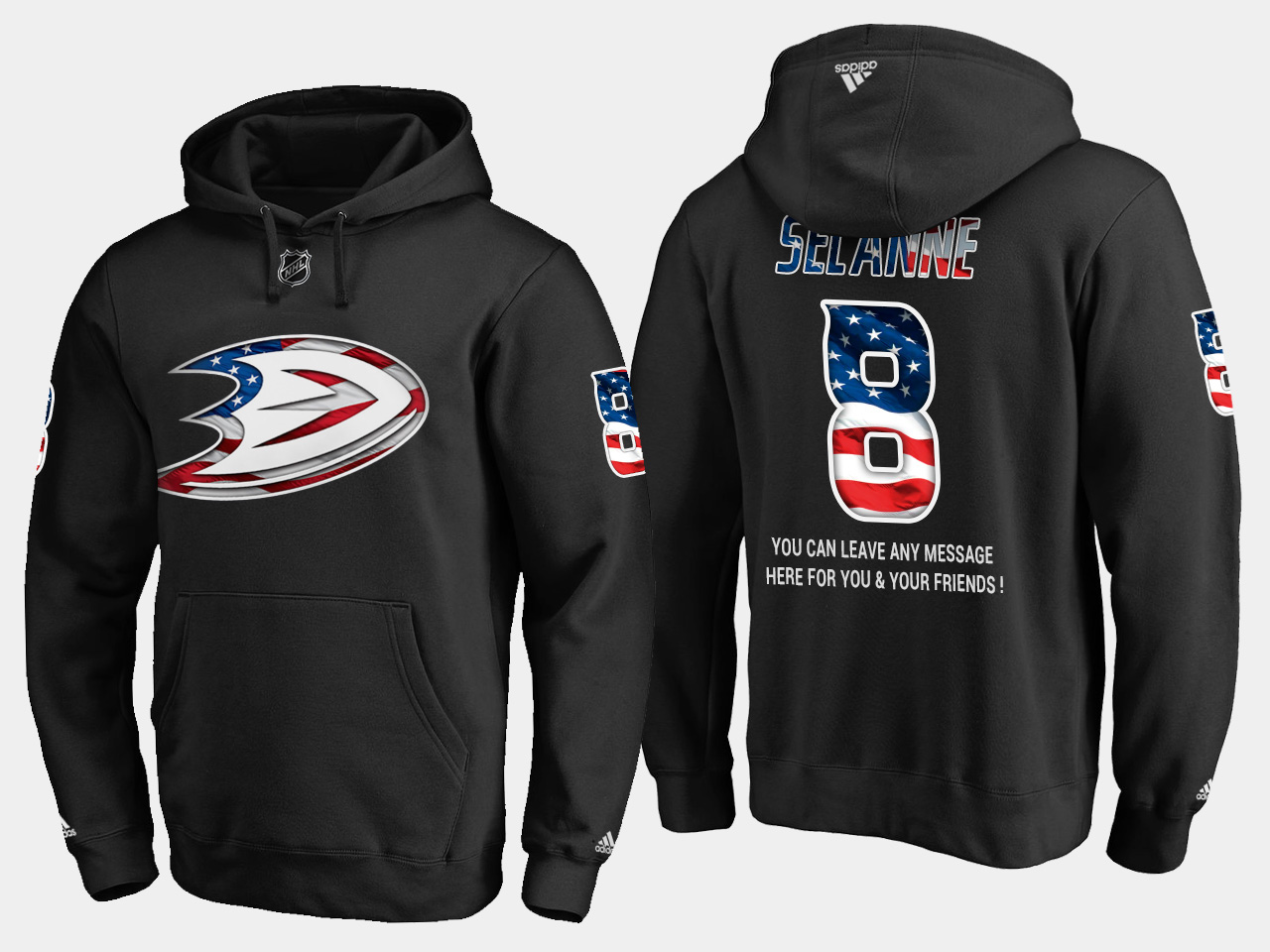 Ducks #8 Teemu Selanne NHL Banner Wave Usa Flag Black Hoodie