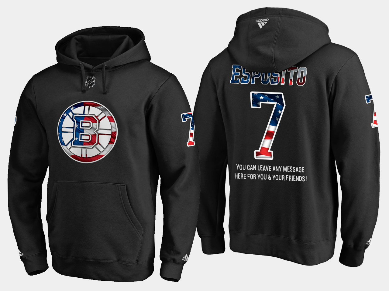 Bruins #7 Phil Esposito NHL Banner Wave Usa Flag Black Hoodie