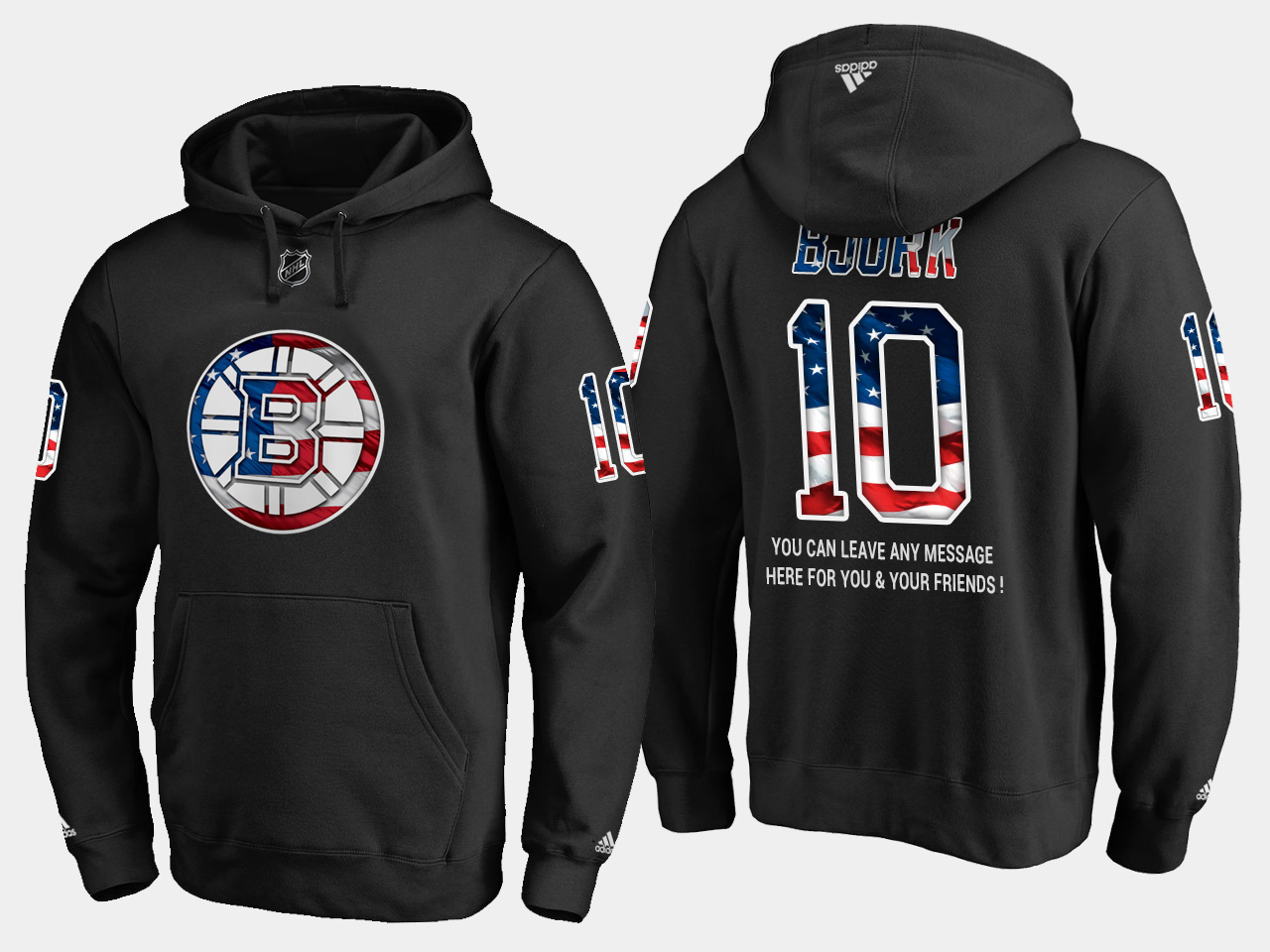 Bruins #10 Anders Bjork NHL Banner Wave Usa Flag Black Hoodie