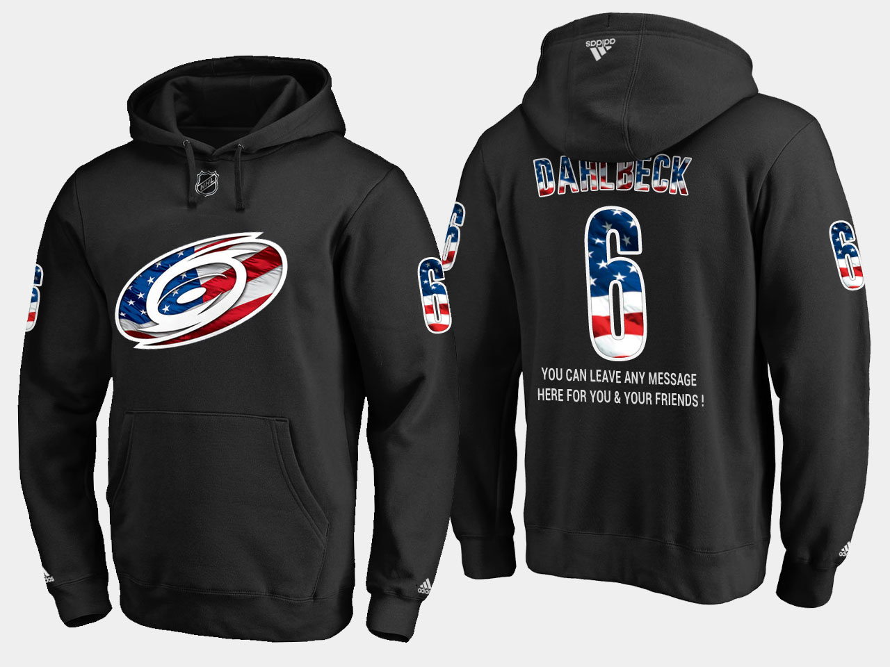 Hurricanes #6 Klas Dahlbeck NHL Banner Wave Usa Flag Black Hoodie