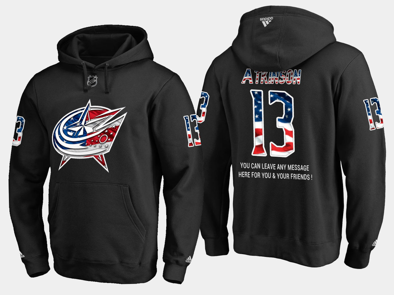 Blue Jackets #13 Cam Atkinson NHL Banner Wave Usa Flag Black Hoodie