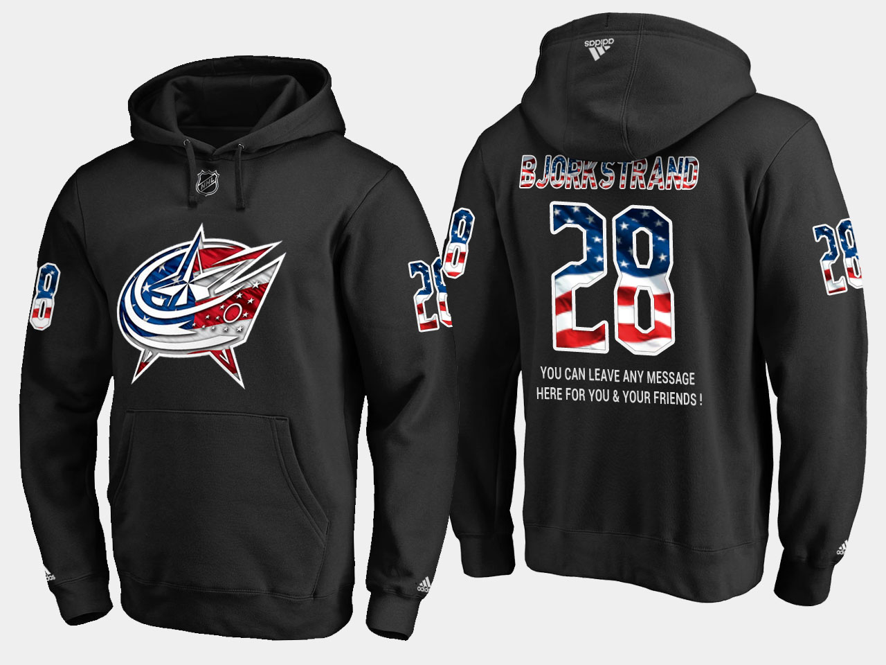 Blue Jackets #28 Oliver Bjorkstrand NHL Banner Wave Usa Flag Black Hoodie