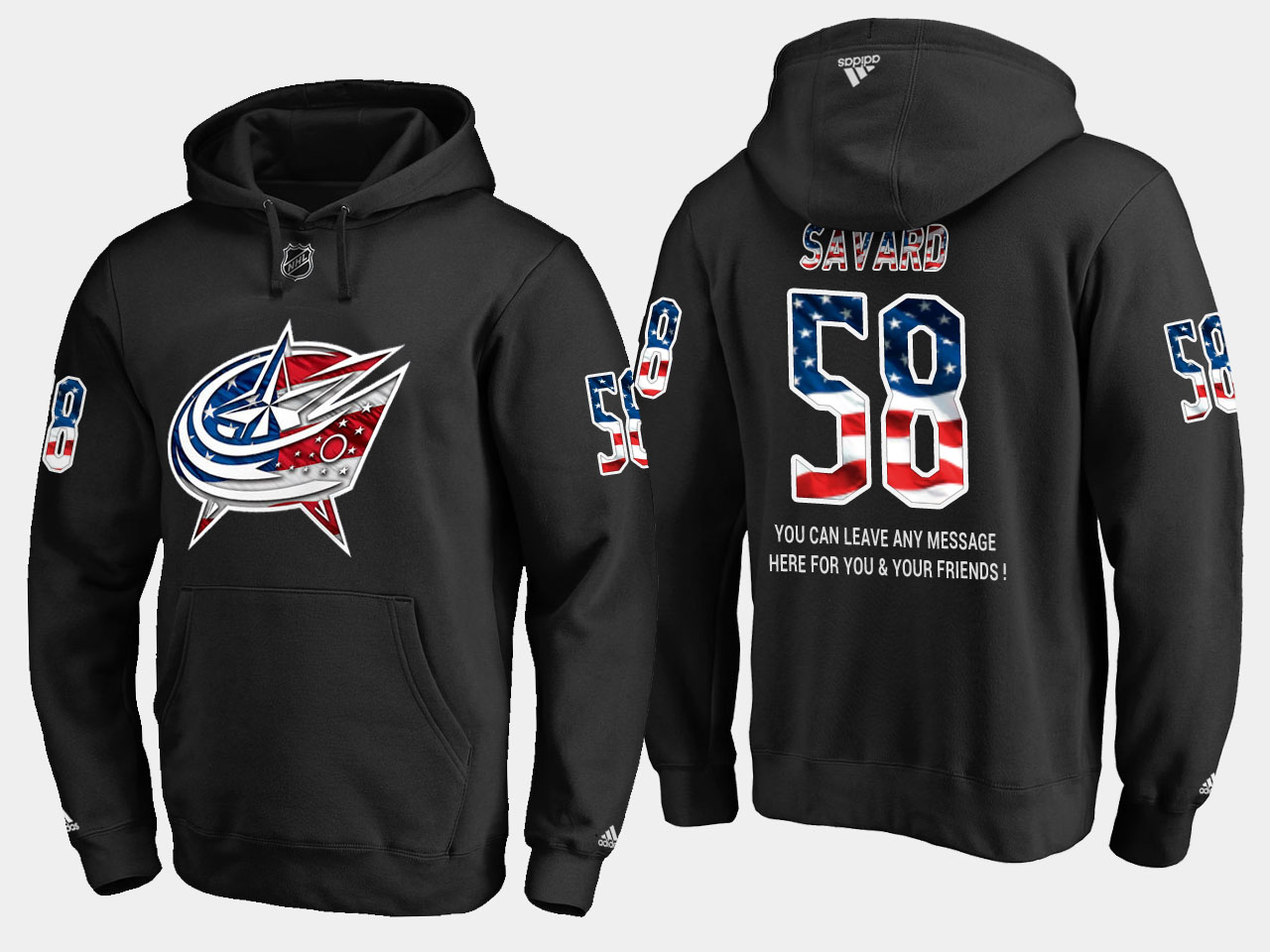 Blue Jackets #58 David Savard NHL Banner Wave Usa Flag Black Hoodie