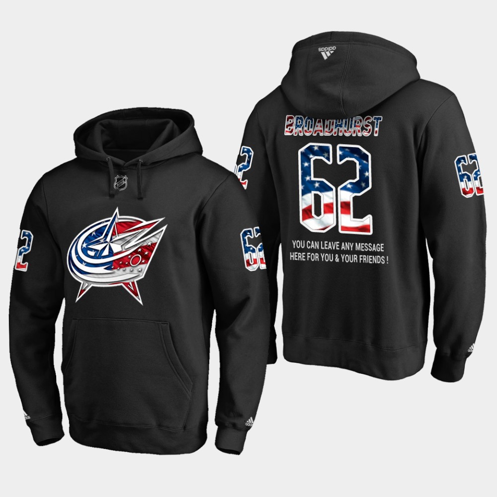 Blue Jackets #62 Alex Broadhurst NHL Banner Wave Usa Flag Black Hoodie