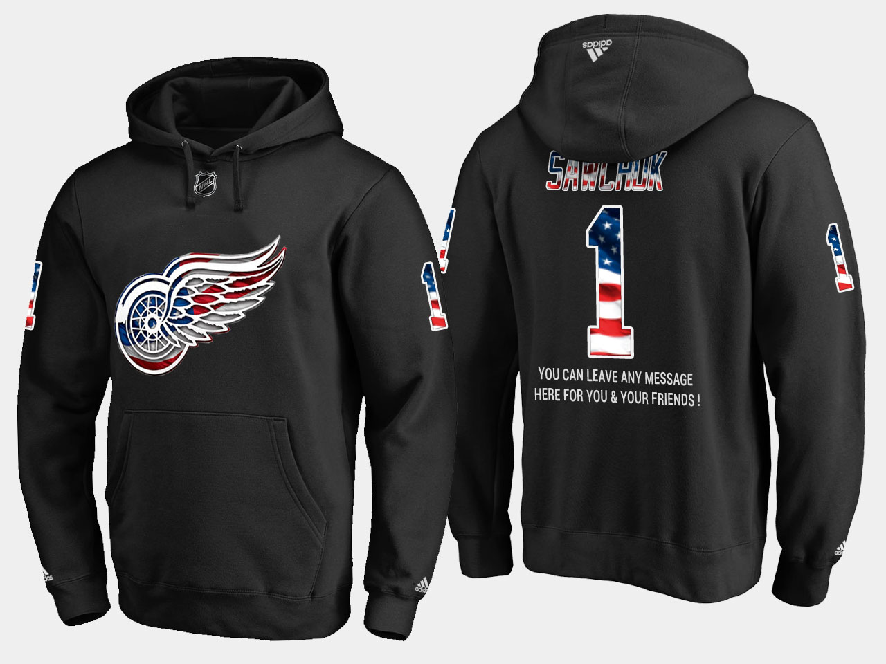 Red Wings #1 Terry Sawchuk NHL Banner Wave Usa Flag Black Hoodie