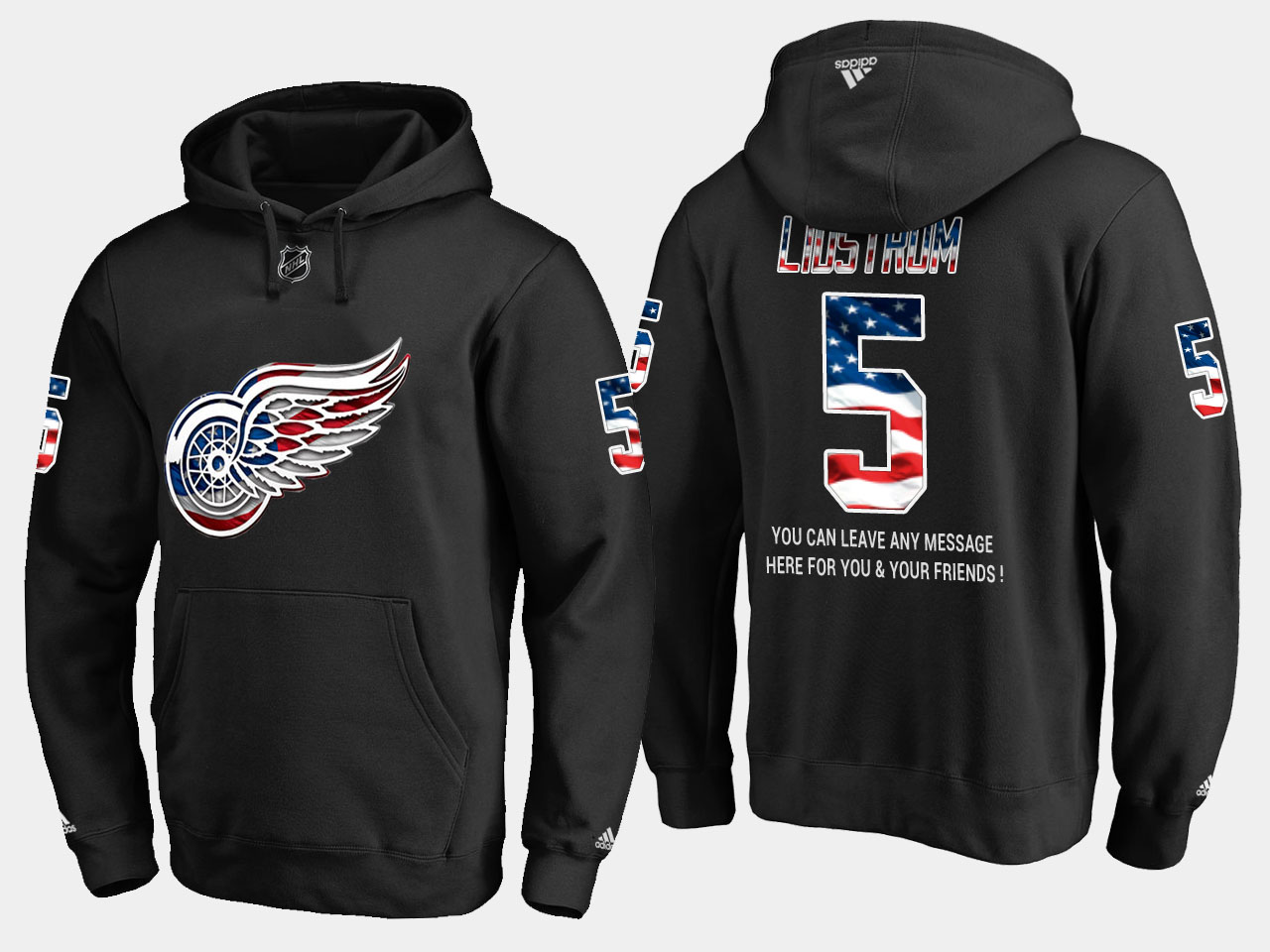 Red Wings #5 Nicklas Lidstrom NHL Banner Wave Usa Flag Black Hoodie