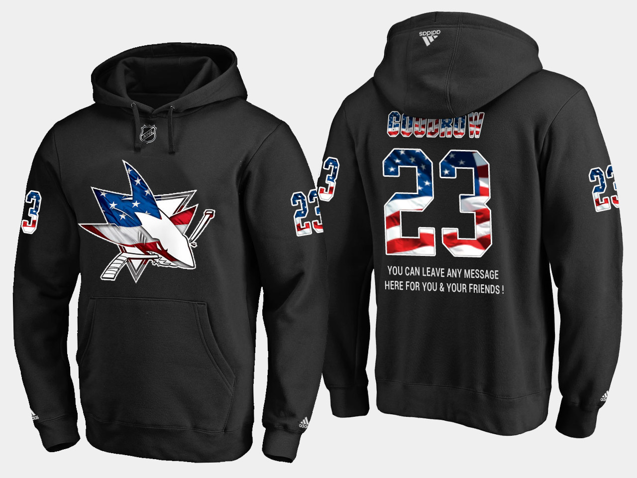 Sharks #23 Barclay Goodrow NHL Banner Wave Usa Flag Black Hoodie