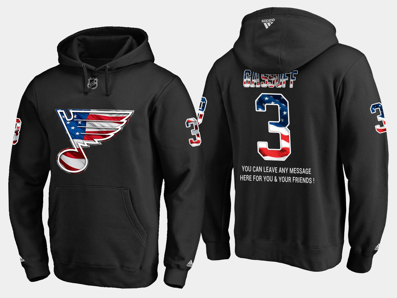 Blues #3 Bob Gassoff NHL Banner Wave Usa Flag Black Hoodie