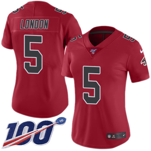 Nike Falcons #5 Drake London Red Stitched Women's NFL Limited Rush 100th Season Jersey