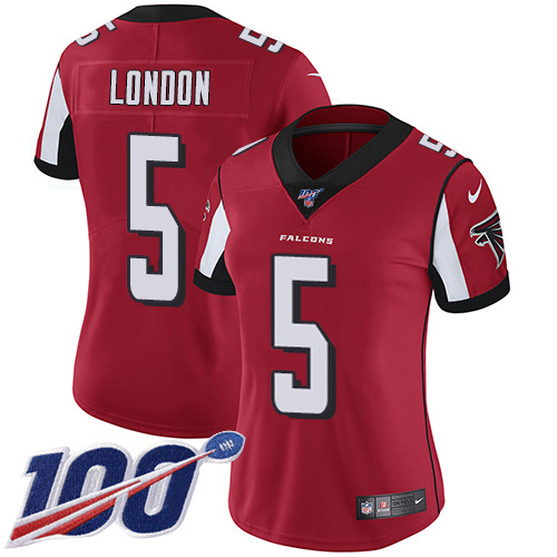 Nike Falcons #5 Drake London Red Team Color Stitched Women's NFL 100th Season Vapor Untouchable Limited Jersey