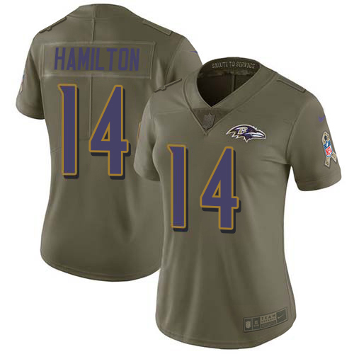 Nike Ravens #14 Kyle Hamilton Olive Women's Stitched NFL Limited 2017 Salute To Service Jersey