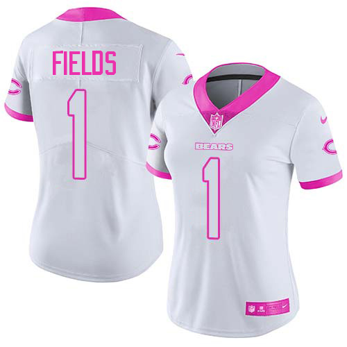 Nike Bears #1 Justin Fields White/Pink Women's Stitched NFL Limited Rush Fashion Jersey