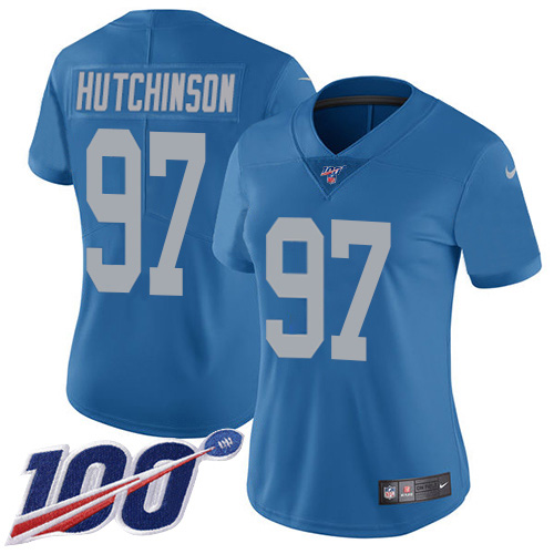 Nike Lions #97 Aidan Hutchinson Blue Throwback Women's Stitched NFL 100th Season Vapor Untouchable Limited Jersey