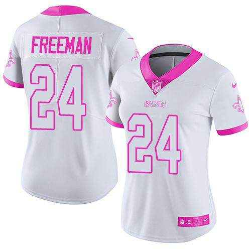 Nike Saints #24 Devonta Freeman White/Pink Women's Stitched NFL Limited Rush Fashion Jersey