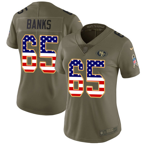 San Francisco 49ers #65 Aaron Banks Olive/USA Flag Women's Stitched NFL Limited 2017 Salute To Service Jersey