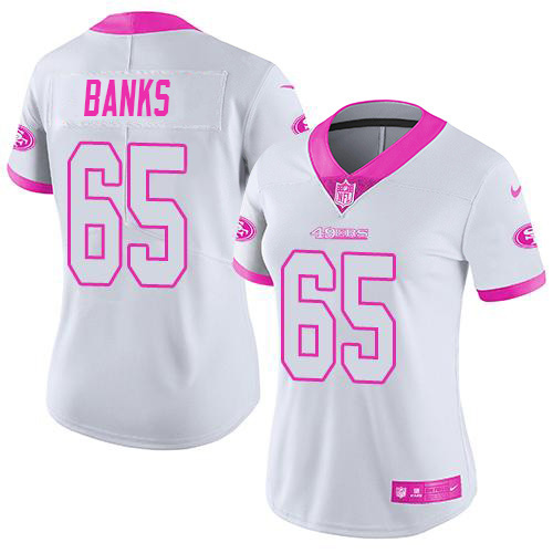 Nike 49ers #65 Aaron Banks White/Pink Women's Stitched NFL Limited Rush Fashion Jersey