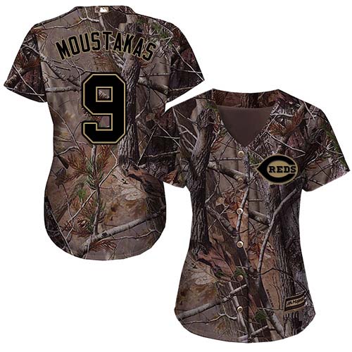 Reds #9 Mike Moustakas Camo Realtree Collection Cool Base Women's Stitched MLB Jersey