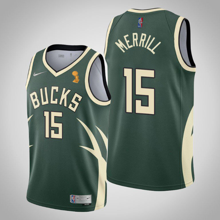 Nike Bucks #15 Sam Merrill Women's 2021 NBA Finals Champions Swingman Earned Edition Jersey Green