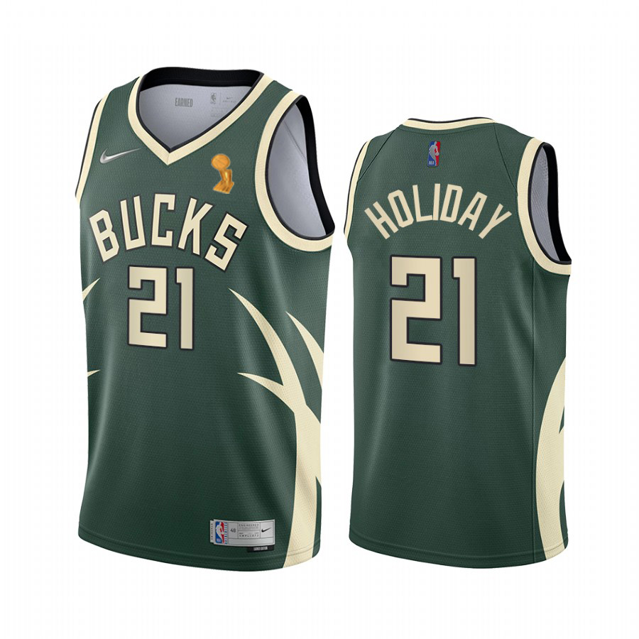 Nike Bucks #21 Jrue Holiday Women's 2021 NBA Finals Champions Swingman Earned Edition Jersey Green