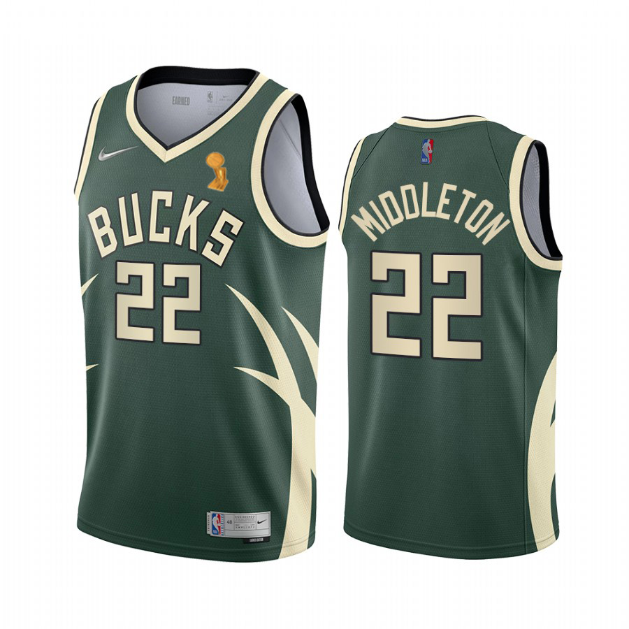 Nike Bucks #22 Khris Middleton Women's 2021 NBA Finals Champions Swingman Earned Edition Jersey Green