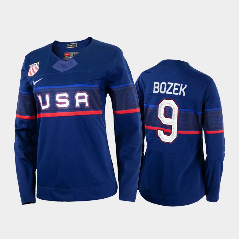 U.S. Women's Hockey #9 Megan Bozek Nike Women's Beijing 2022 Winter Olympics Away Jersey - Navy