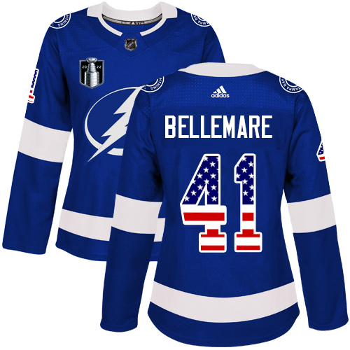 Adidas Lightning #41 Pierre-Edouard Bellemare Blue Women's 2022 Stanley Cup Final Patch Home Authentic USA Flag Stitched NHL Jersey