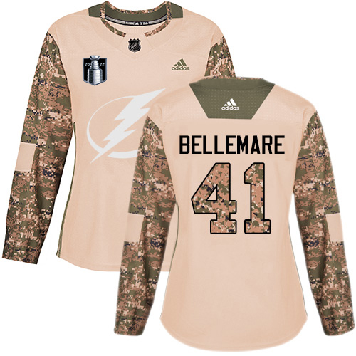 Adidas Lightning #41 Pierre-Edouard Bellemare Camo Women's Authentic 2022 Stanley Cup Final Patch Veterans Day Stitched NHL Jersey