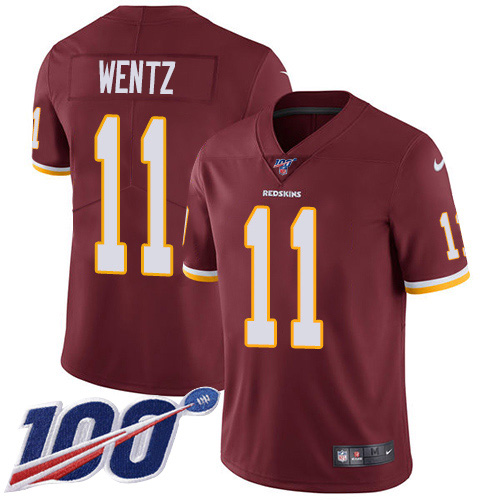 Nike Commanders #11 Carson Wentz Burgundy Red Team Color Youth Stitched NFL 100th Season Vapor Limited Jersey