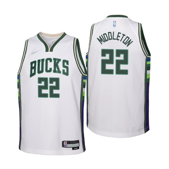 Milwaukee Bucks #22 Khris Middleton Youth Nike White 2021/22 Swingman Jersey - City Edition