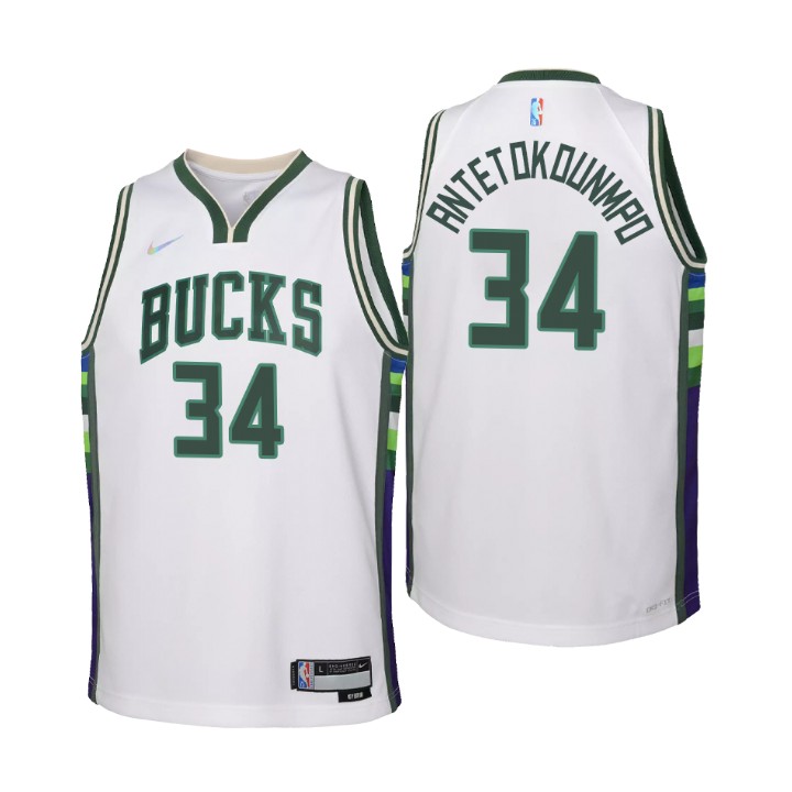 Milwaukee Bucks #34 Giannis Antetokounmpo Youth Nike White 2021/22 Swingman Jersey - City Edition