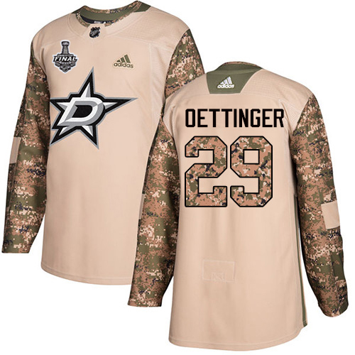 Adidas Stars #29 Jake Oettinger Camo Authentic 2017 Veterans Day Youth 2020 Stanley Cup Final Stitched NHL Jersey