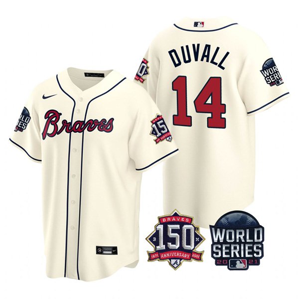 Atlanta Braves #14 Adam Duvall Nike 150th Anniversary 2021 World Series Youth MLB Jersey - Cream