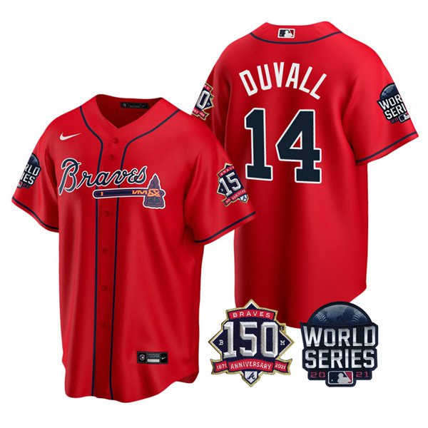 Atlanta Braves #14 Adam Duvall Nike 150th Anniversary 2021 World Series Youth MLB Jersey - Red