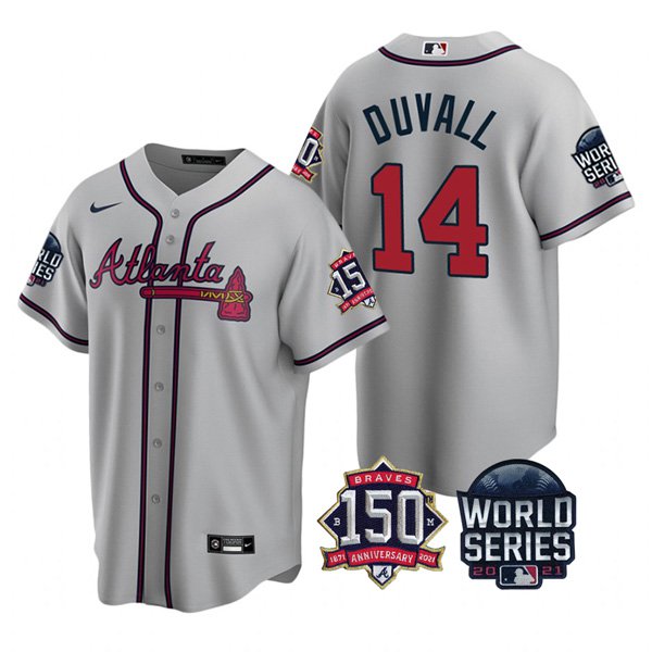 Atlanta Braves #14 Adam Duvall Nike 150th Anniversary 2021 World Series Youth MLB Jersey - Grey