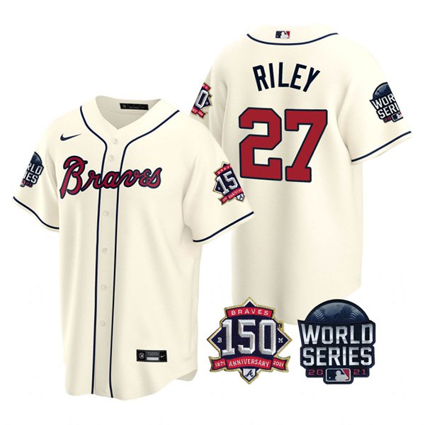 Atlanta Braves #27 Austin Riley Nike 150th Anniversary 2021 World Series Youth MLB Jersey - Cream