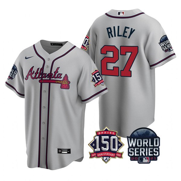 Atlanta Braves #27 Austin Riley Nike 150th Anniversary 2021 World Series Youth MLB Jersey - Grey